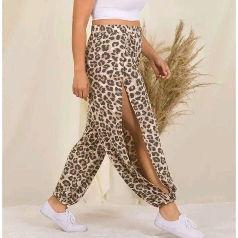 NEW Zenana Leopard Print Knit Harem Joggers 1X Plus Size Side Slit Lounge Pants
